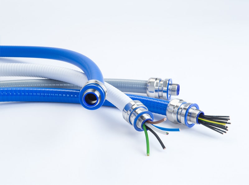 Image of blue and white flexible conduit and cabling from Atkore Flexicon.